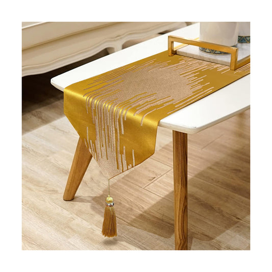 Luxury Golden Table Runner,13"x98", Modern Abstract Geometric, Tassels | Satin Faux Silk Double Layer Accent, Elegant