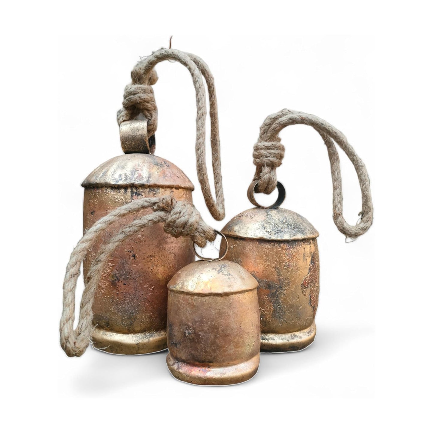 Set of 3 Metal Christmas Bells for Decoration Rustic Brass Gold Large Bell Cow Hanging