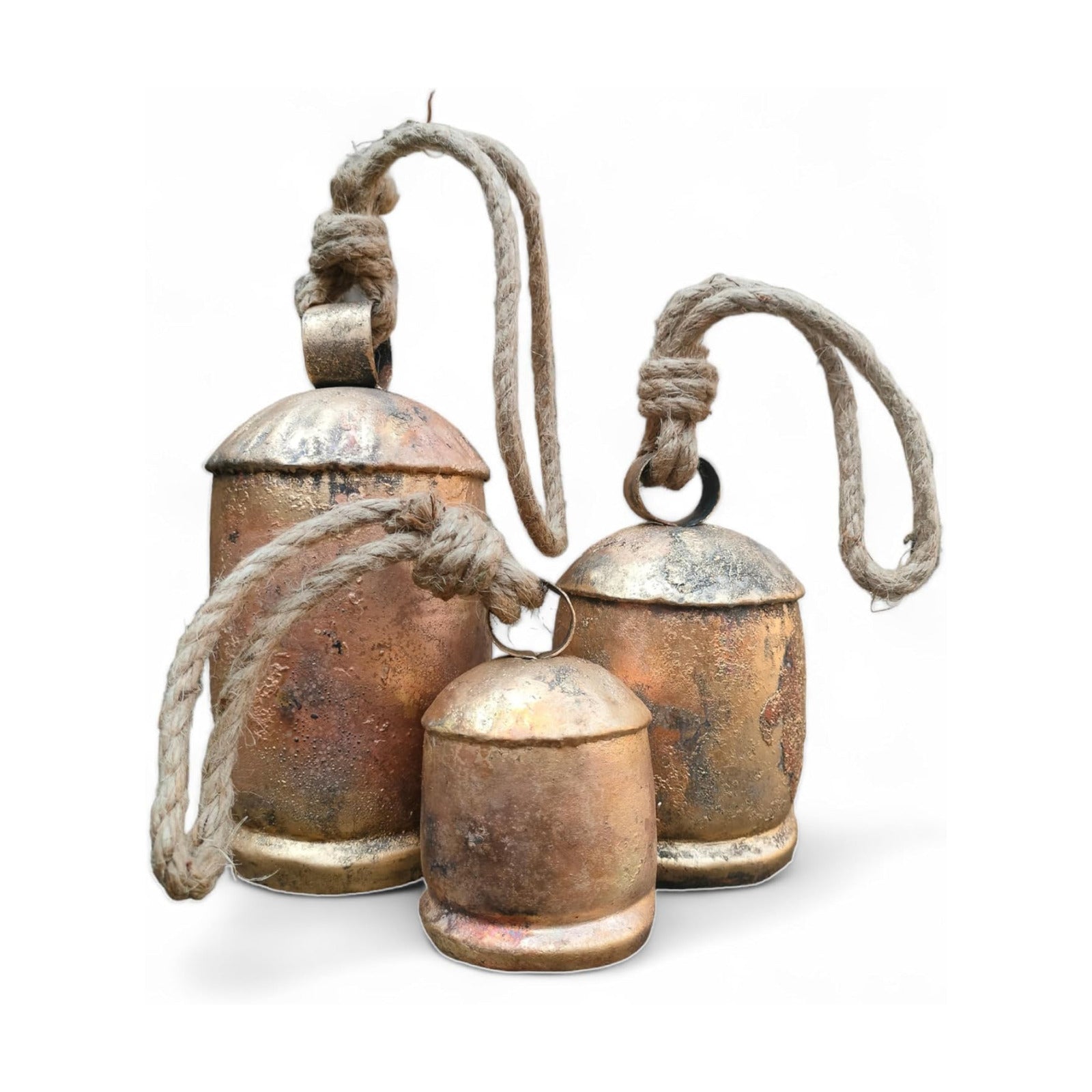 Set of 3 Metal Christmas Bells for Decoration Rustic Brass Gold Large Bell Cow Hanging