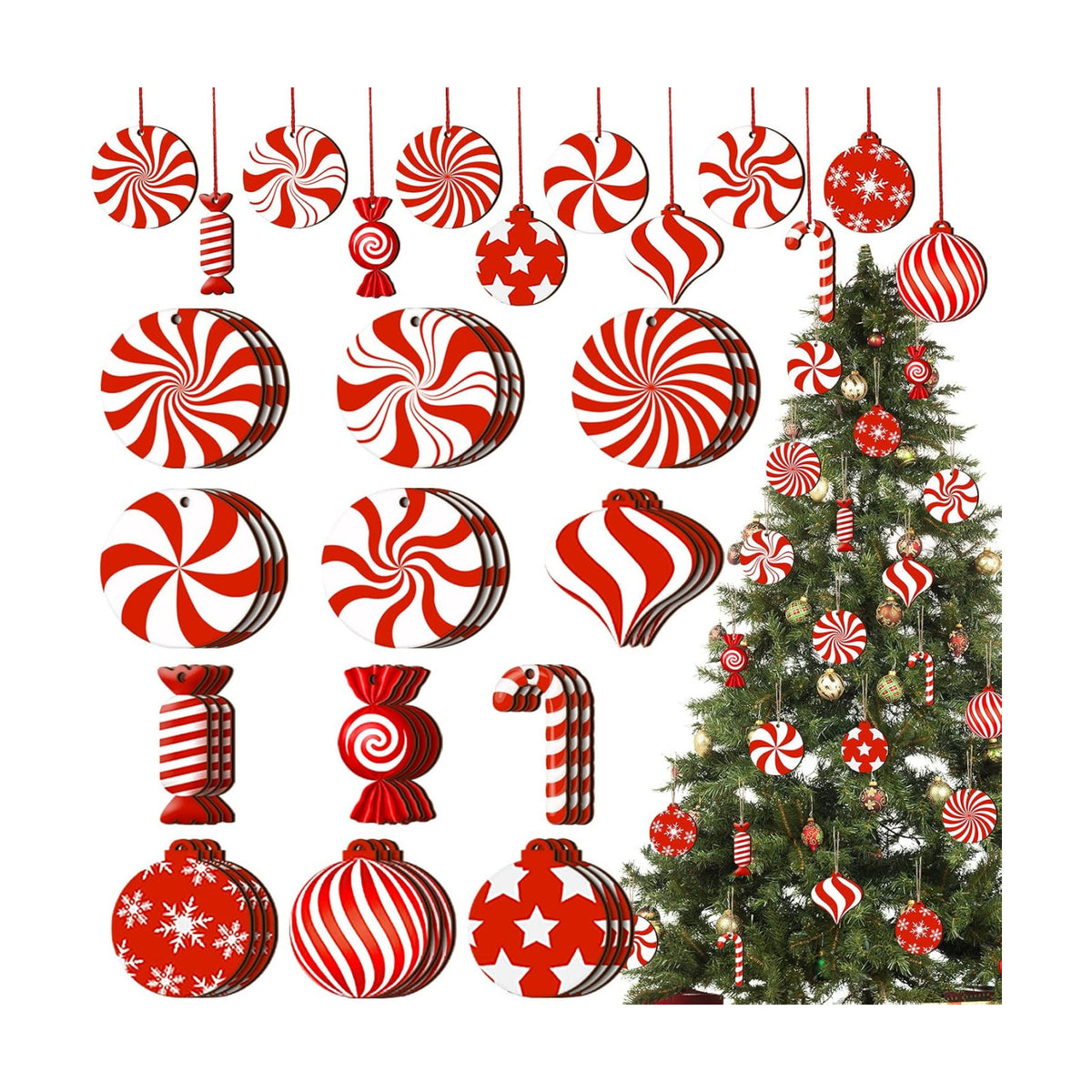 Qunclay 36 Pcs Halloween Wood Hanging Ornaments Red and White Peppermint
