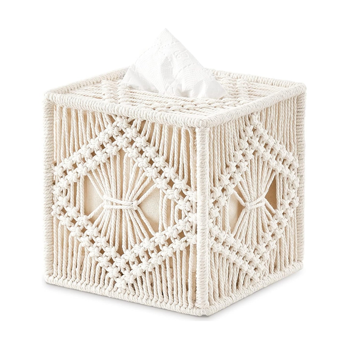 Tissue Box Cover Macrame Square Open-Bottom Tissue Box Holder Boho Decor Tissue Organizer / Ivory