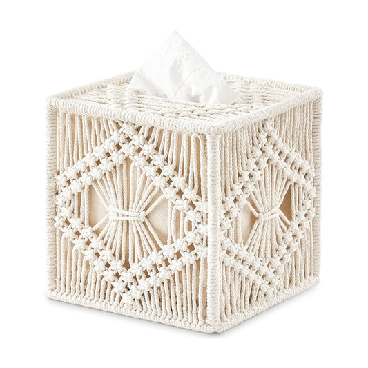 Tissue Box Cover Macrame Square Open-Bottom Tissue Box Holder Boho Decor Tissue Organizer / Ivory