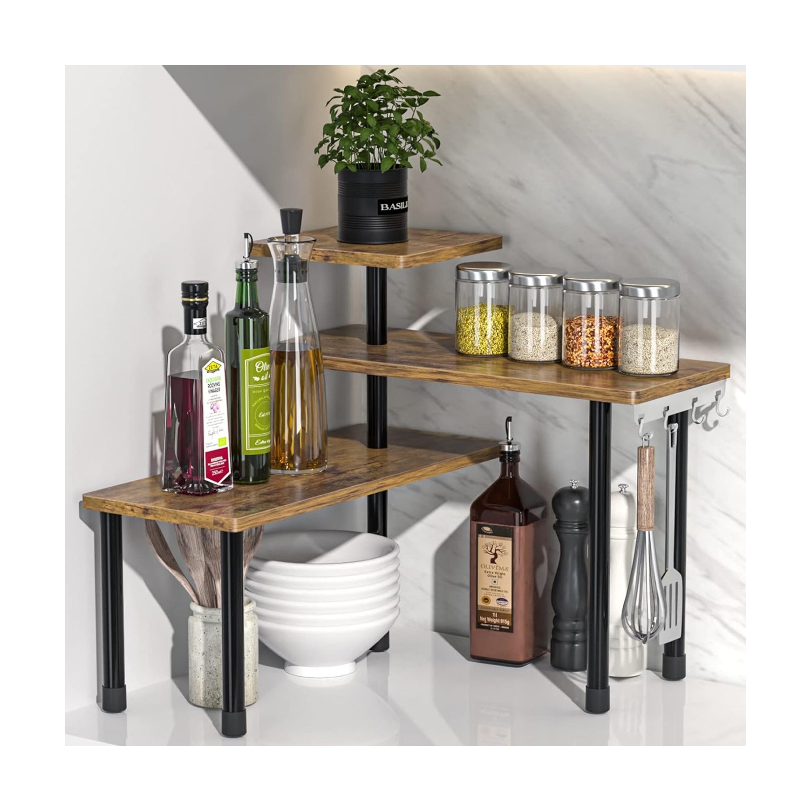 JayRex Kitchen Countertop Organizer 3-Tier Corner Shelf, Rustic Brown | Space-saving corner design organizes spices