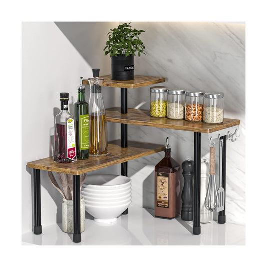 JayRex Kitchen Countertop Organizer 3-Tier Corner Shelf, Rustic Brown | Space-saving corner design organizes spices
