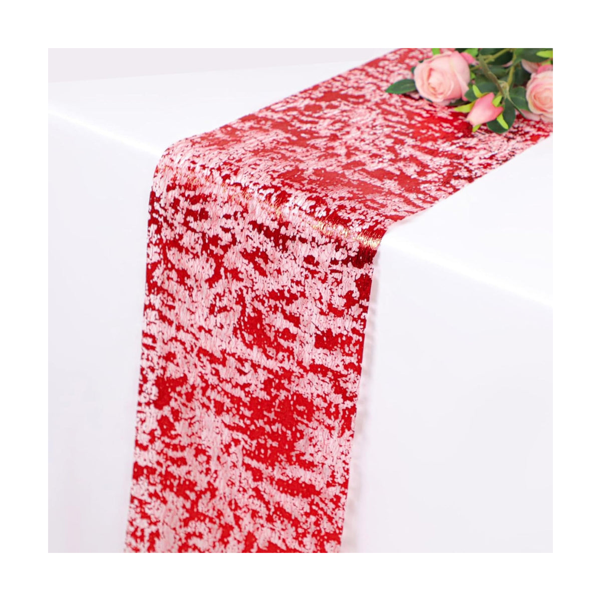 Snowkingdom 2Pcs Red Table Runner Roll Sequin Glitter Metallic Foil Sparkly Mesh Lace 108 Inches Centerpieces Table Decoration for Romantic Wedding Anniversary Birthday Hibachi Christmas Holiday Party