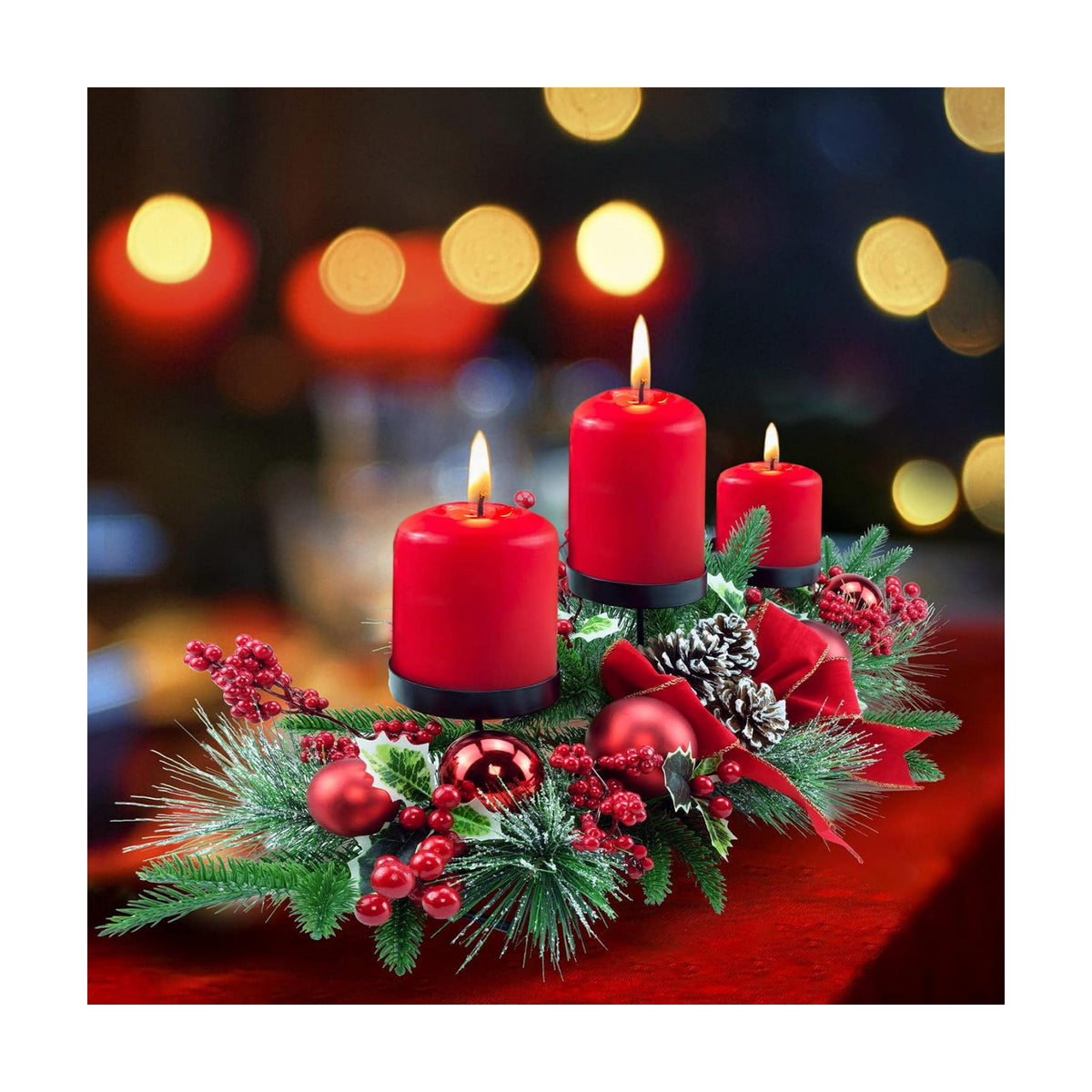 YULETIME 28" Christmas Triple Candelabrum, Red Baubles, Berries, Pine Cones