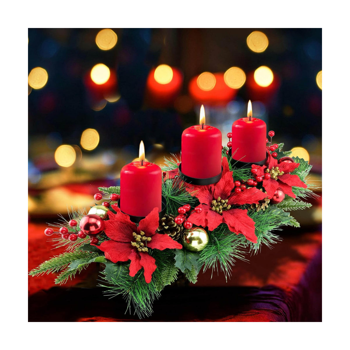 YULETIME 28" Christmas Triple Candelabrum, Poinsettia, Baubles, Red Berries