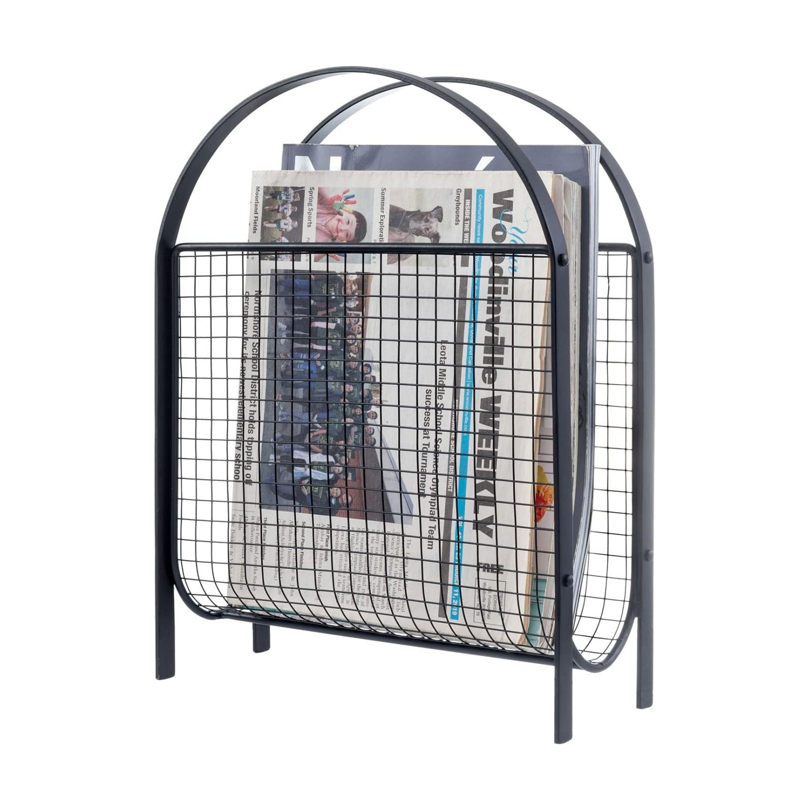MyGift Mid-Century Design Magazine Rack, Matte Black Tone Metal Mesh Freestanding Magazine Organizer Holder Sling