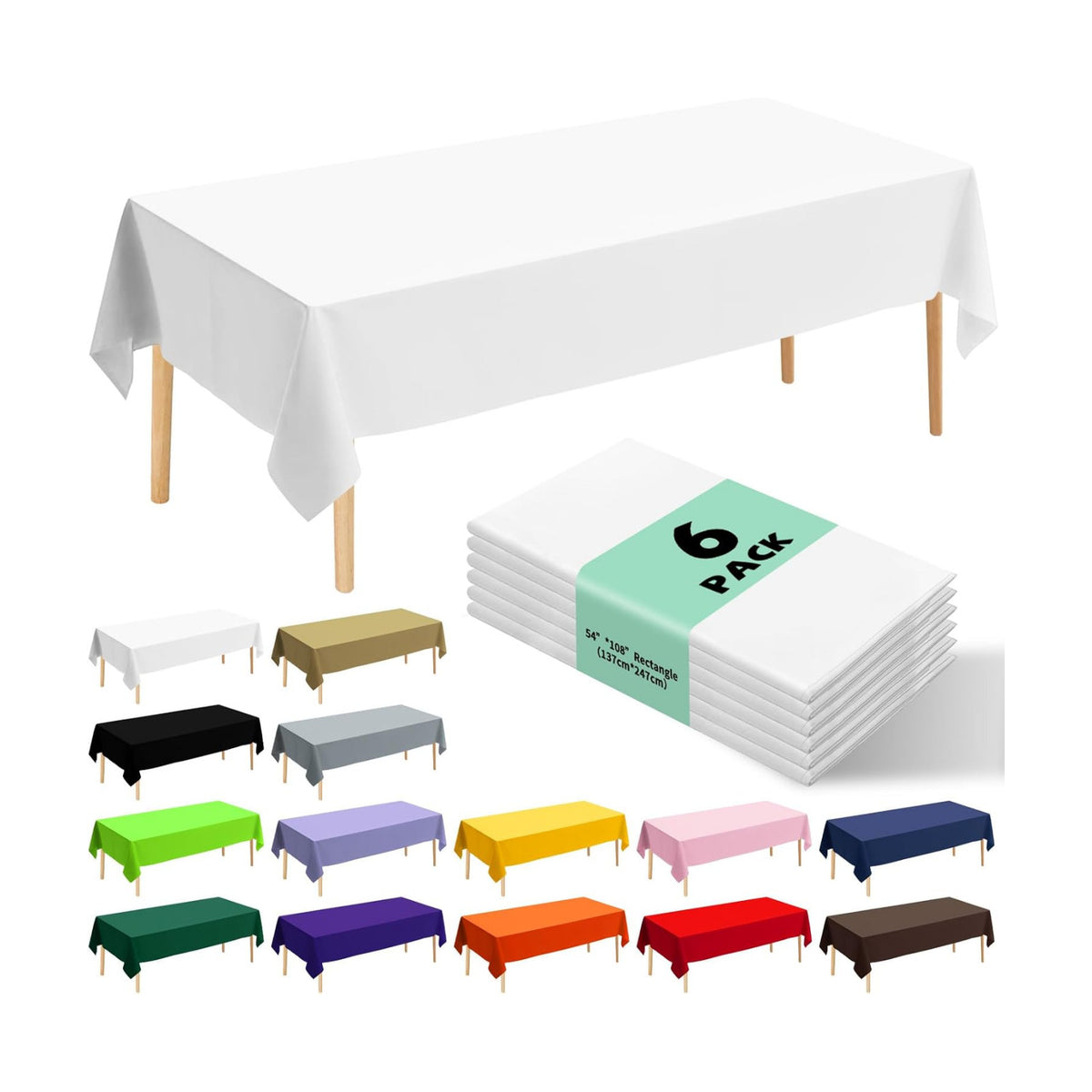 6 Pack Premium Disposable Plastic Tablecloth 54" x 108" Party Table Cloths Disposable for 6 to 8 Foot Tables Indoor or Outdoor Parties Birthdays Weddings Christmas Anniversary Buffet Table (White)