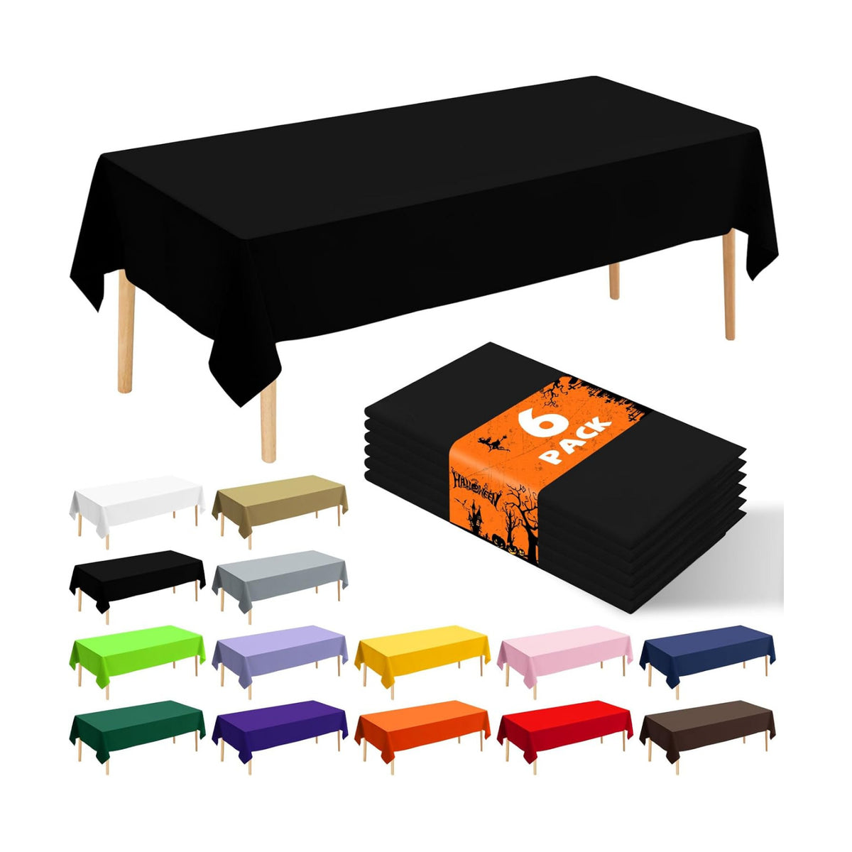 6 Pack Premium Disposable Plastic Tablecloth 54" x 108" Party Table Cloths Disposable for 6 to 8 Foot Tables Indoor or Outdoor Parties Birthdays Weddings Christmas Anniversary Buffet Table (Black)