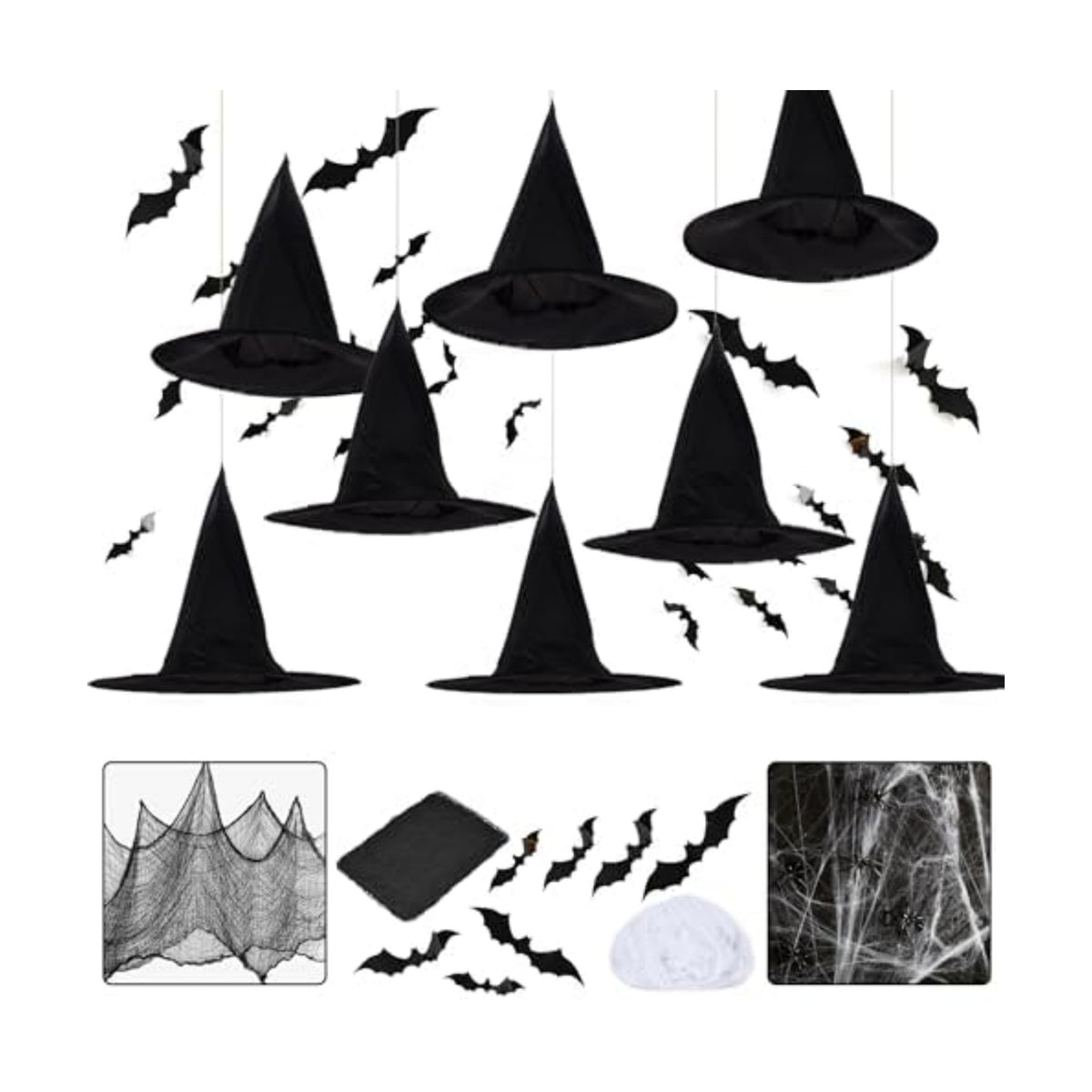 LINAYE Halloween Witches Hat XL Kit - 8 PCS Black Witch Hats with Hanging Rope,16 PCS 3D Bat,Spider Web,Creepy Cloth Halloween Hanging Decoration Decor Wizard Hats