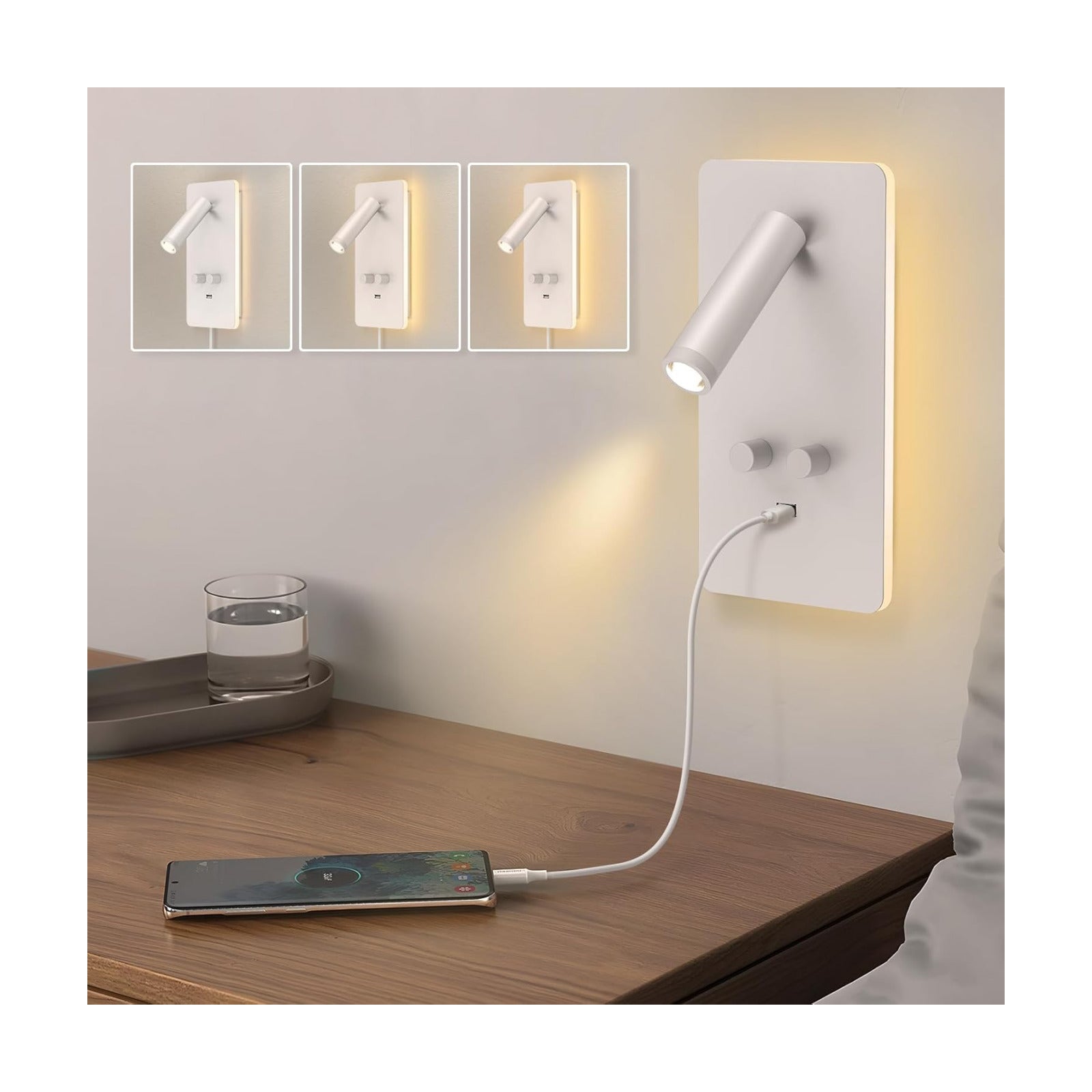 M04 Dimmable Wall Mounted Sconces Reading Light Bedside Lamp with USB Port Headboard Plug in Hardwire Wall Lamps