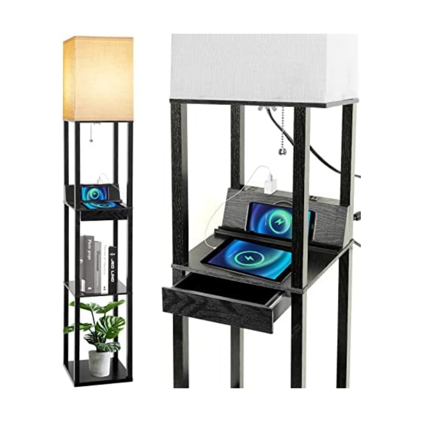 Floor Lamp with Shelves, RUNTOP LED Shelf Floor Lamp with Wireless Charger & 2 Charging USB Ports & Drawer, AC Outlet