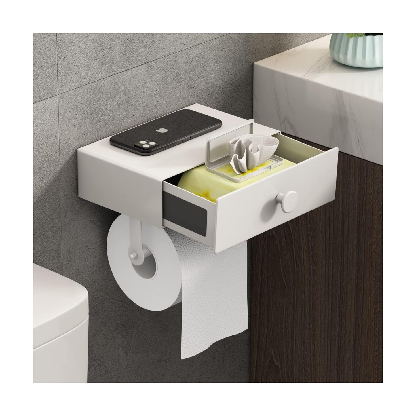 VOLDRA Toilet Paper Holder with Shelf White Wipes Dispenser for Bathroom Toilet Paper Holder with Storage Upgrade
