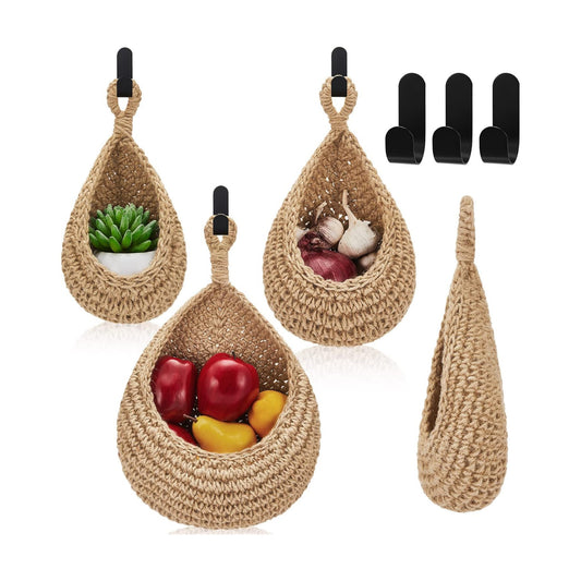 Boho Decor Hanging Wall Baskets / Light Linen / Cotton Rope / Teardrop / Set of 3