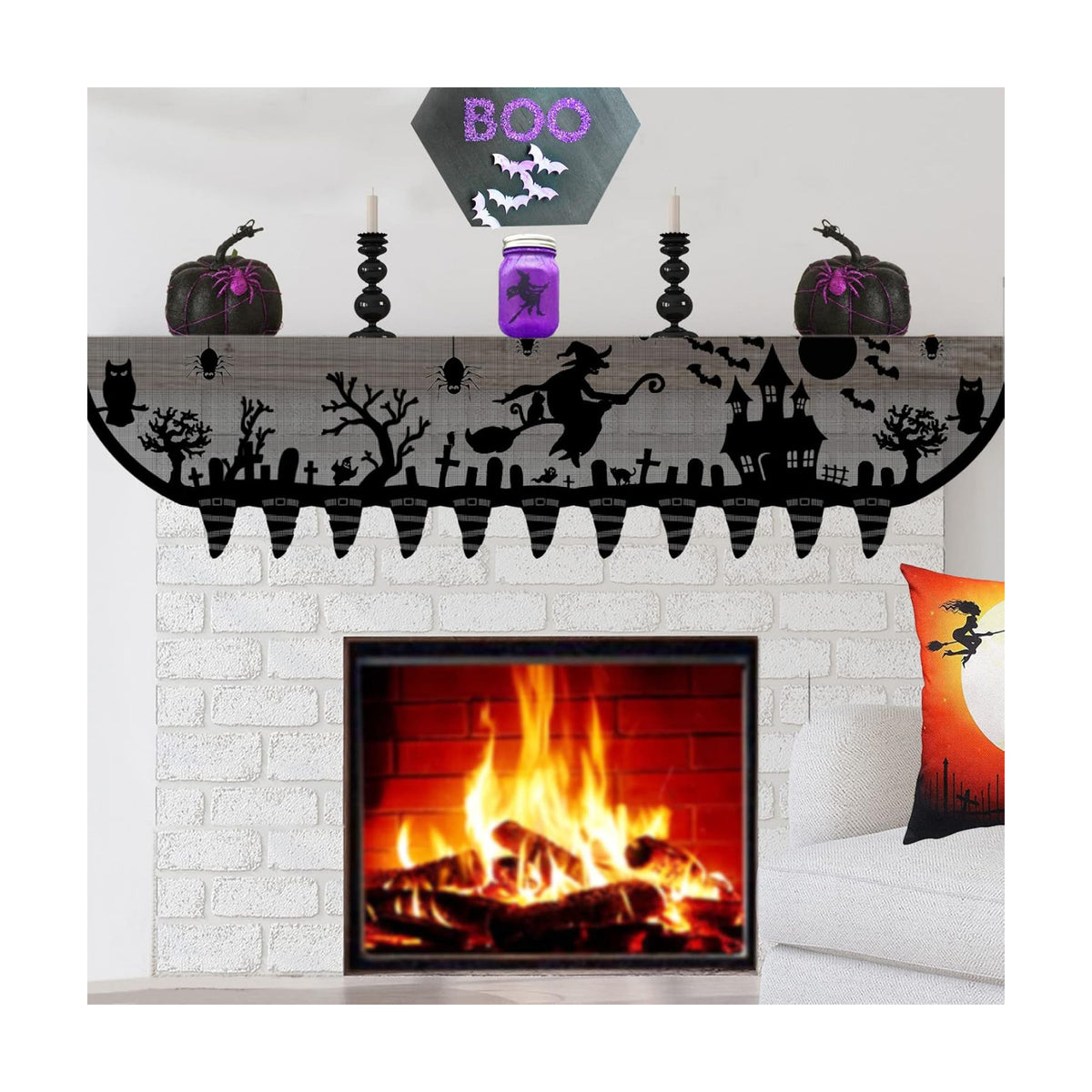 Halloween Mantle Scarf for Fireplace - Lace Witch Hat Haunted House Ghost Cover Garland Runner for Living Room - Gothic Indoor Decorations (Black)