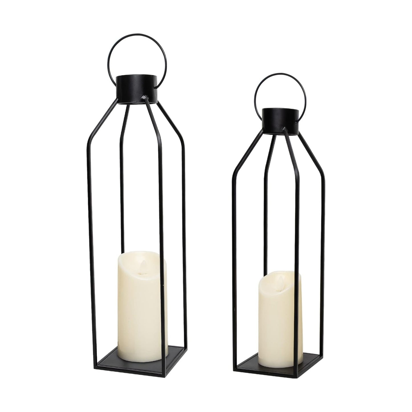 HPC Decor 22'' 19'' Lanterns Decorative w/ Flickering Timer Candles- Large Tall Black Metal Candle Lanterns Set of 2