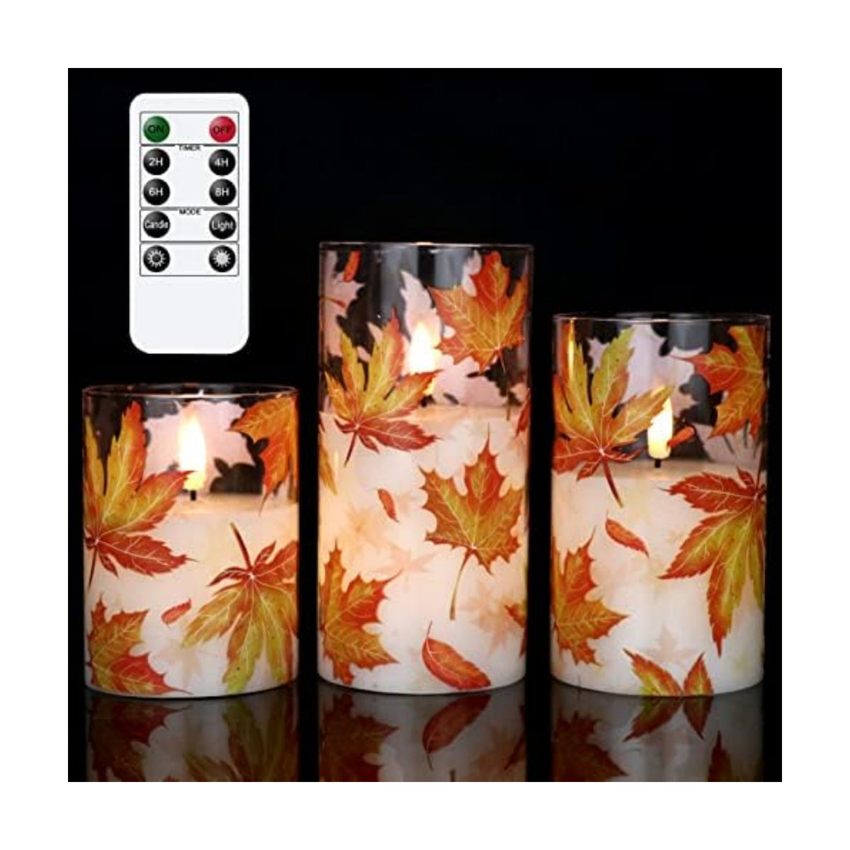 GenSwin Glass Maple Leaf Flameless Candles with Remote Timers, Battery Operated LED Flickering Candles, Real Wax Pillar Candles Christmas Wedding Decoration