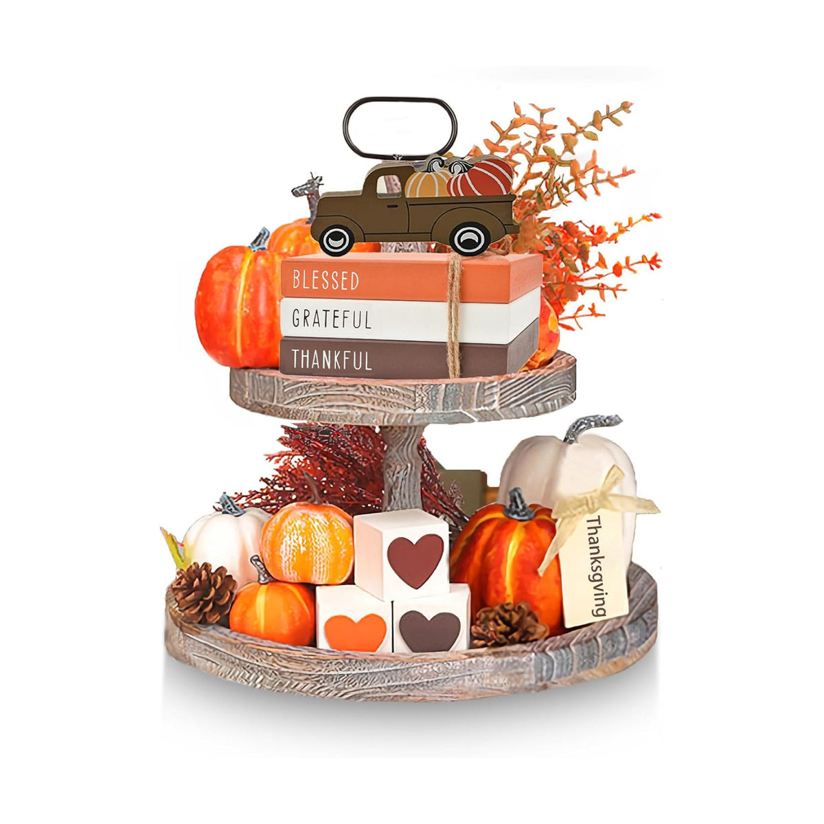 Thanksgiving Tiered Tray Decor - Fall Decorations for Home - 3 Double Sided Faux Book Stack 3 Love Wood Block 1 Pumpkin Truck - Farmhouse Rustic Wooden Table Sign for Autumn Thanksgiving Harvest