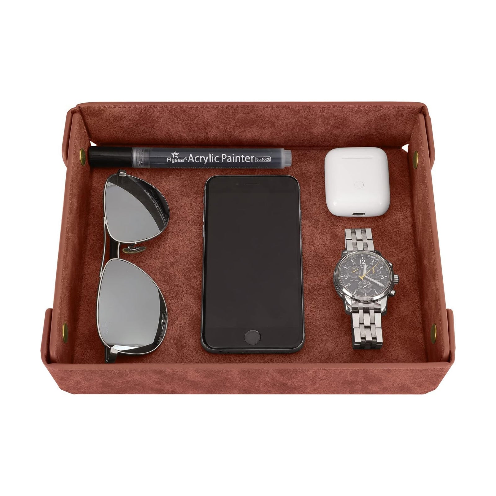Faux Leather Valet Tray Organizer for Men / Brown / Rectangle