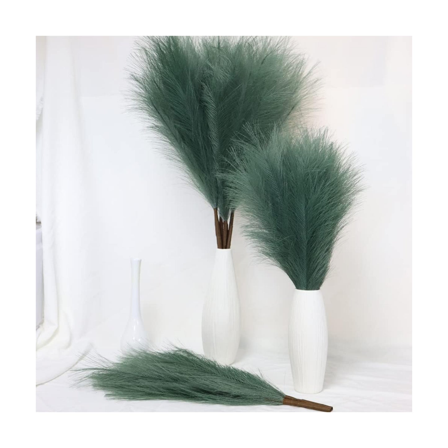 Detachable Faux Bulrush Reed Green Grass for Tall Vase Filler / Deep Green 2 / Set of 5