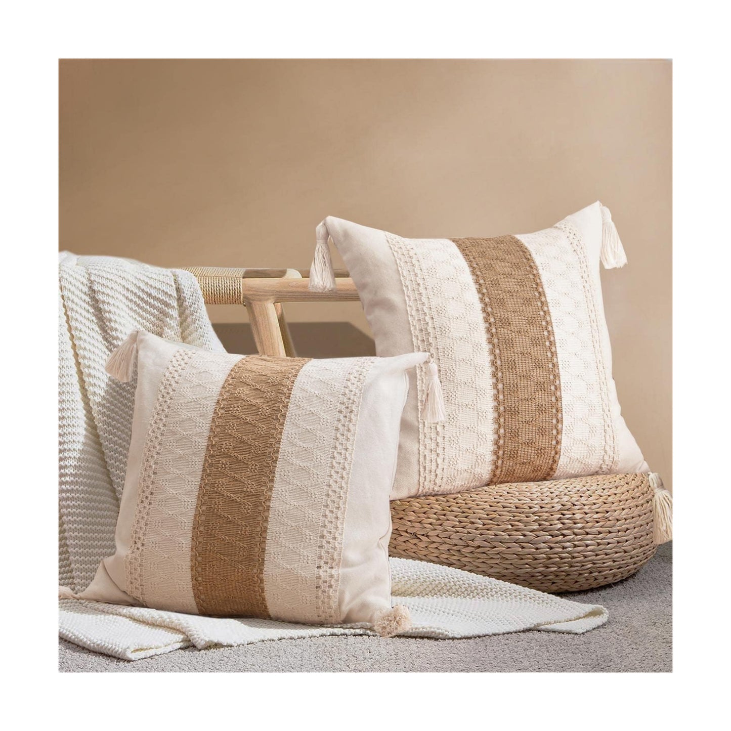 Decorative Boho Neutral Pillow / 18 x 18 / Single Stripe / Set of 2