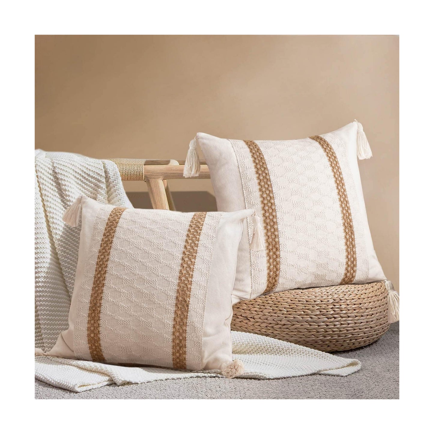 Boho Neutral Pillow Cushion / 18 x 18 / Double Stripe / Set of 2