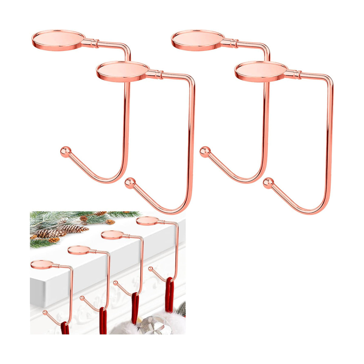 Komotu Christmas Stocking Holders for Mantle Upgrade Non-Slip Safety Mantel Hooks Hanger Grip Fireplace Hang Hook for Christmas Halloween Party Decoration(Rose Gold,4)