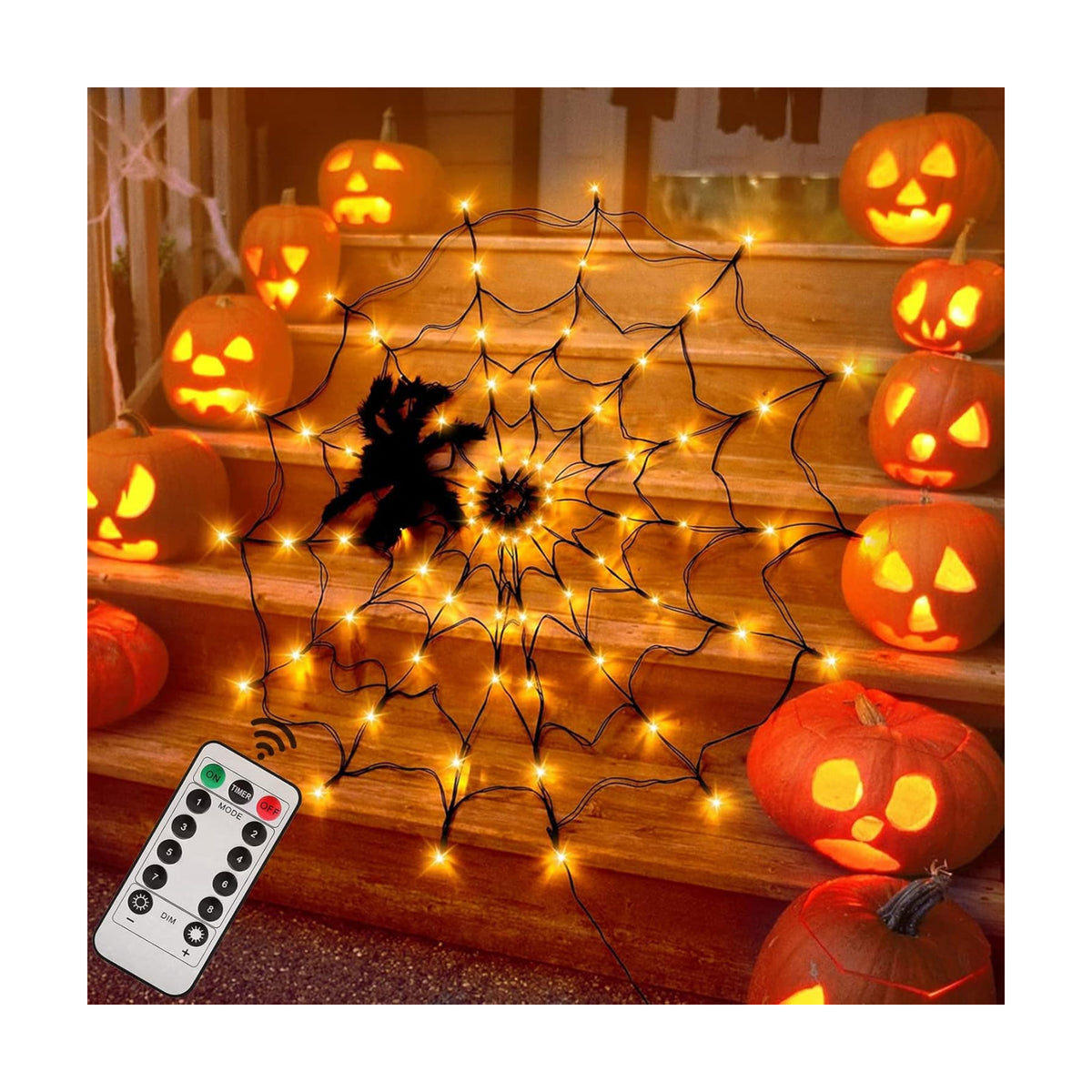 Halloween Decorations Spider Web Lights - 4FT Diameter 70 LEDs with Black Spider, Waterproof Net Lights, Remote Control, 8 Modes Cobweb Halloween Decorations for House Garden Indoor Outdoor (Orange)