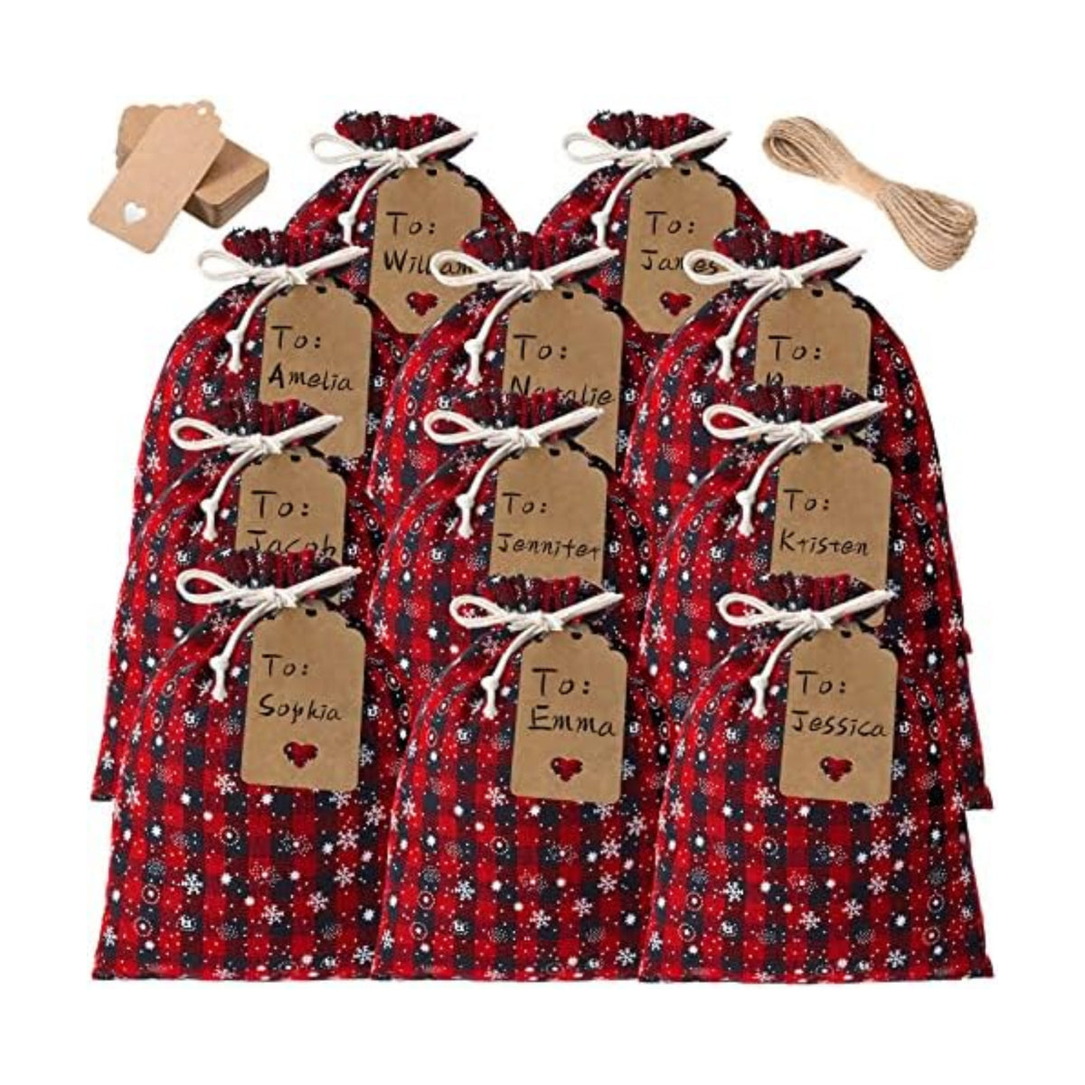 Shappy 24 Pcs Christmas Drawstring Gift Bags Xmas Buffalo Plaid Burlap Advent Bags 10 x 8 Inches Linen Treat Candy Bag with 32.8 ft Rope 24 Card(Black Red Snowflake)