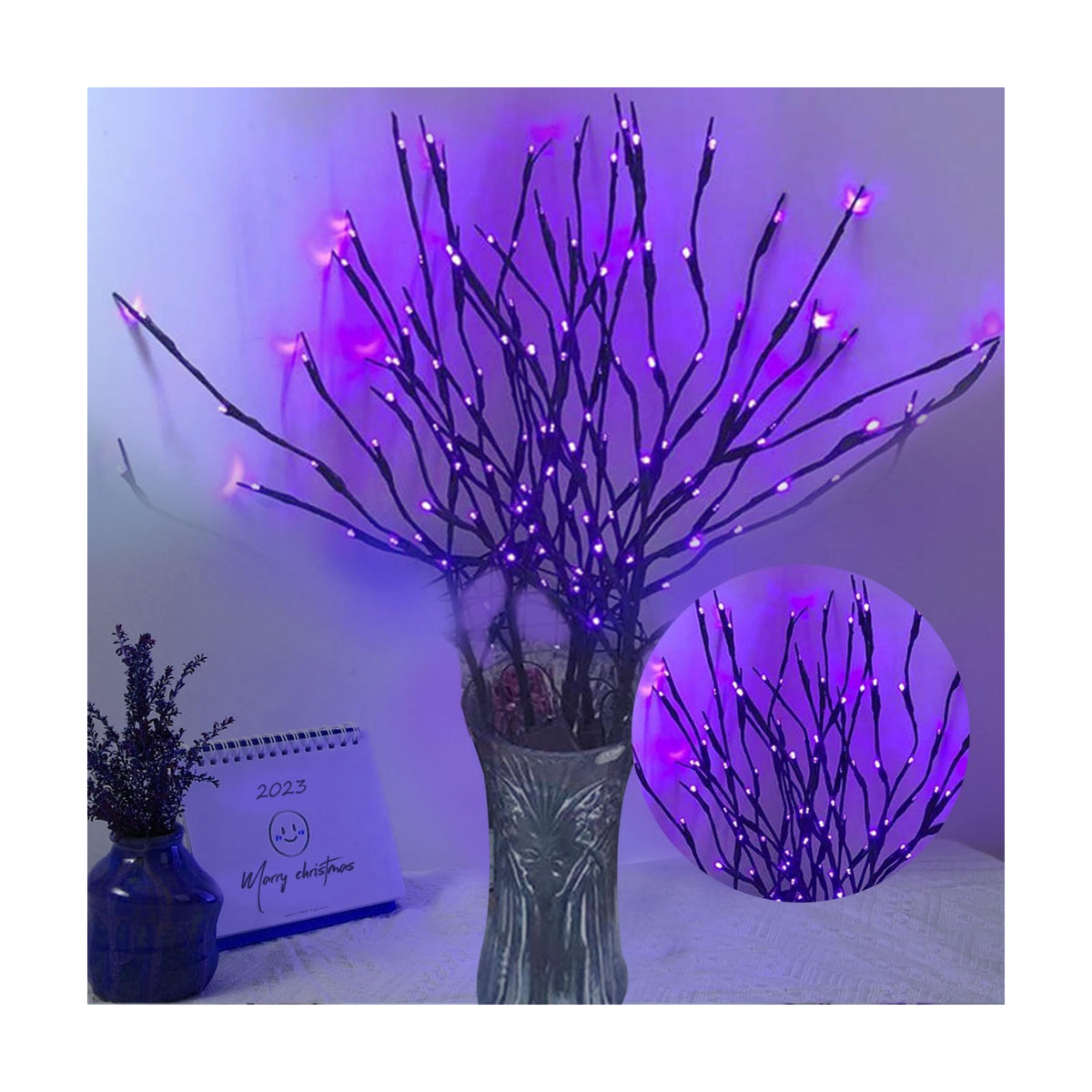 DK177 2 Pack Led Branch Light Battery Operated Lighted Branch Vase Filler Willow Tree Artificial Little Twig Power Brown 30 Inch 20 LED for Home Outdoor Indoor Romantic Decoration, Purple Light