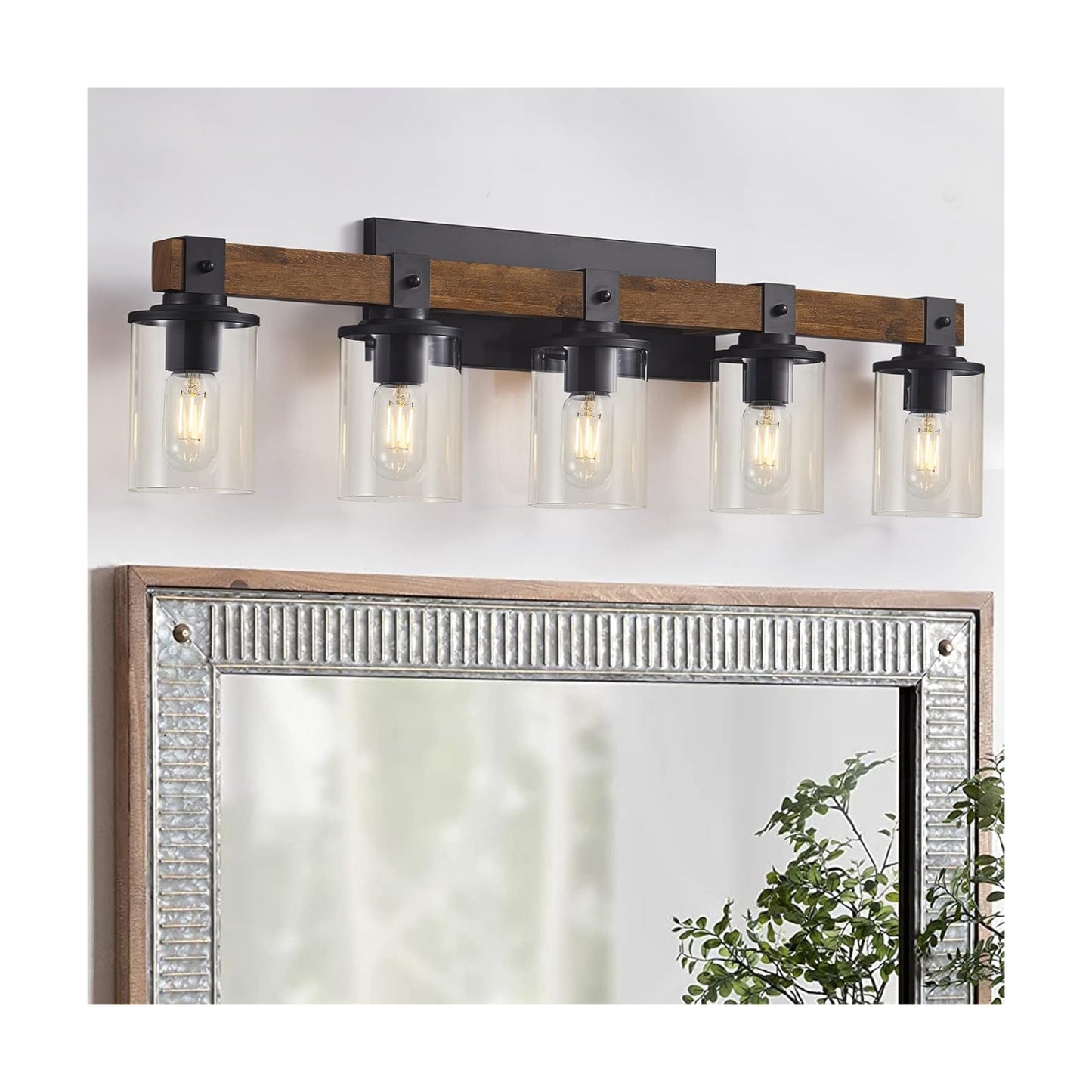 DUJAHMLAND Farmhouse Vanity Lights, 5-Light Wood Bathroom Wall Lighting with Clear Glass, Industrial Metal Wall Sconce