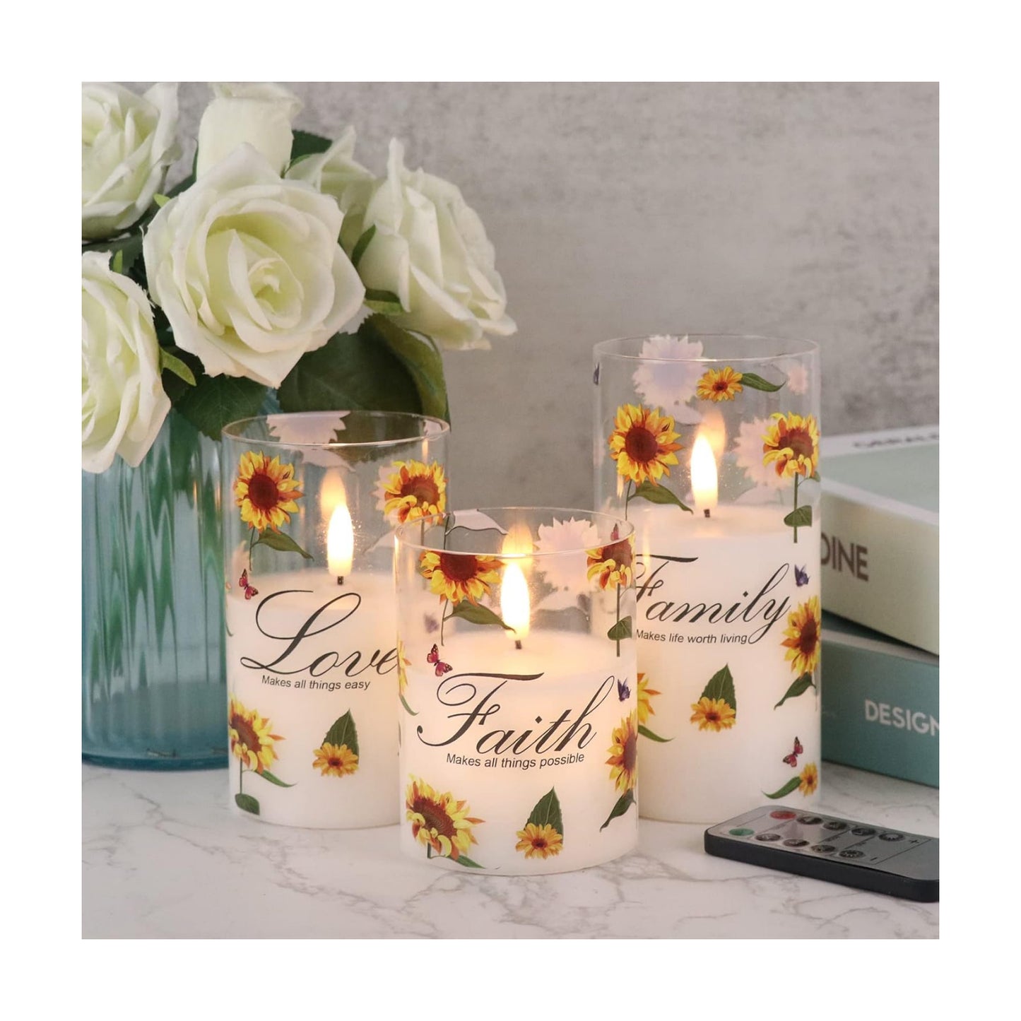 Sunflower Glass Flameless Candles Battery Operated Remote Timer | LED Flickering Pillar Candles, Real Wax 3D Wick Long