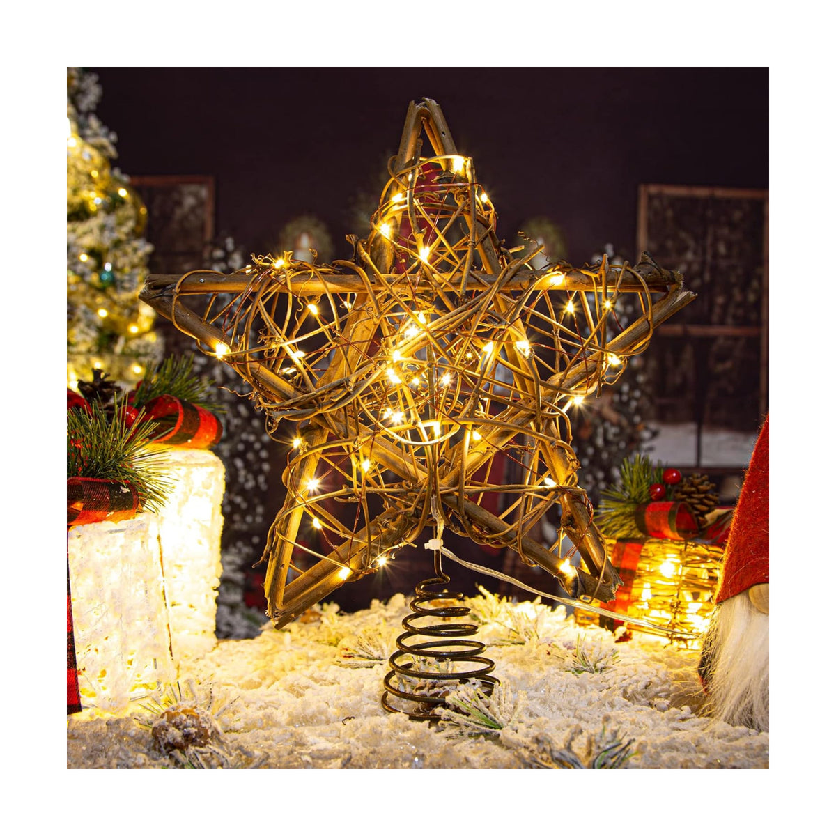 Rattan Natural Star Christmas Tree Topper - Rustic Farmhouse Xmas Treetop with 50 Warm LED Lights for Indoor Christmas Tree Decorations Holiday Seasonal Decor