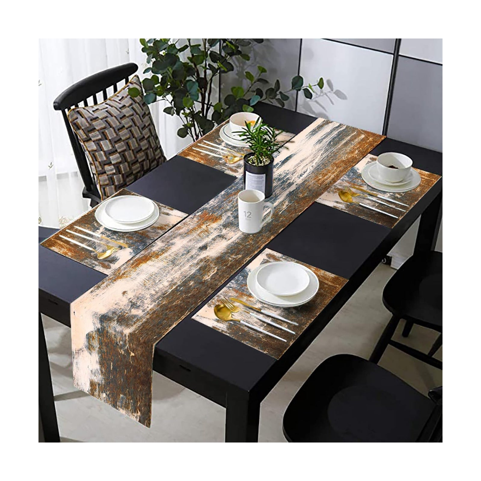 Black Grey Abstract Table Runner and Placemats Set, Linen 108" Long | Retro graffiti art painting style. Washable linen