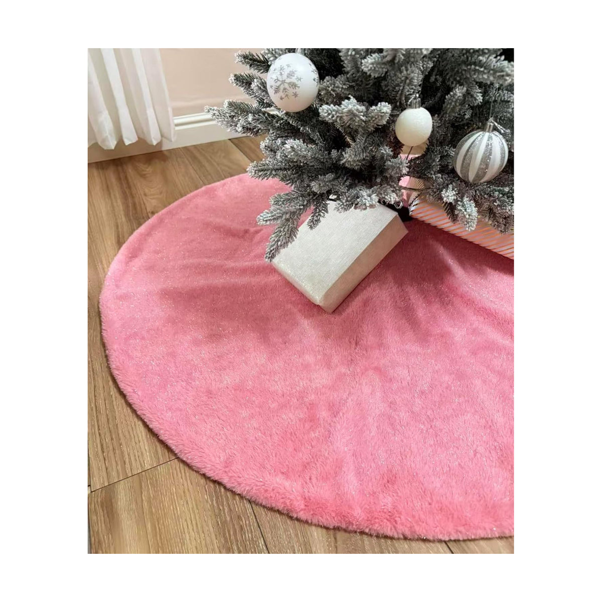 AOGU 36 Inch Faux Fur Christmas Tree Skirt Pink Shiny Plush Skirt for Merry Christmas Party Christmas Tree Decoration