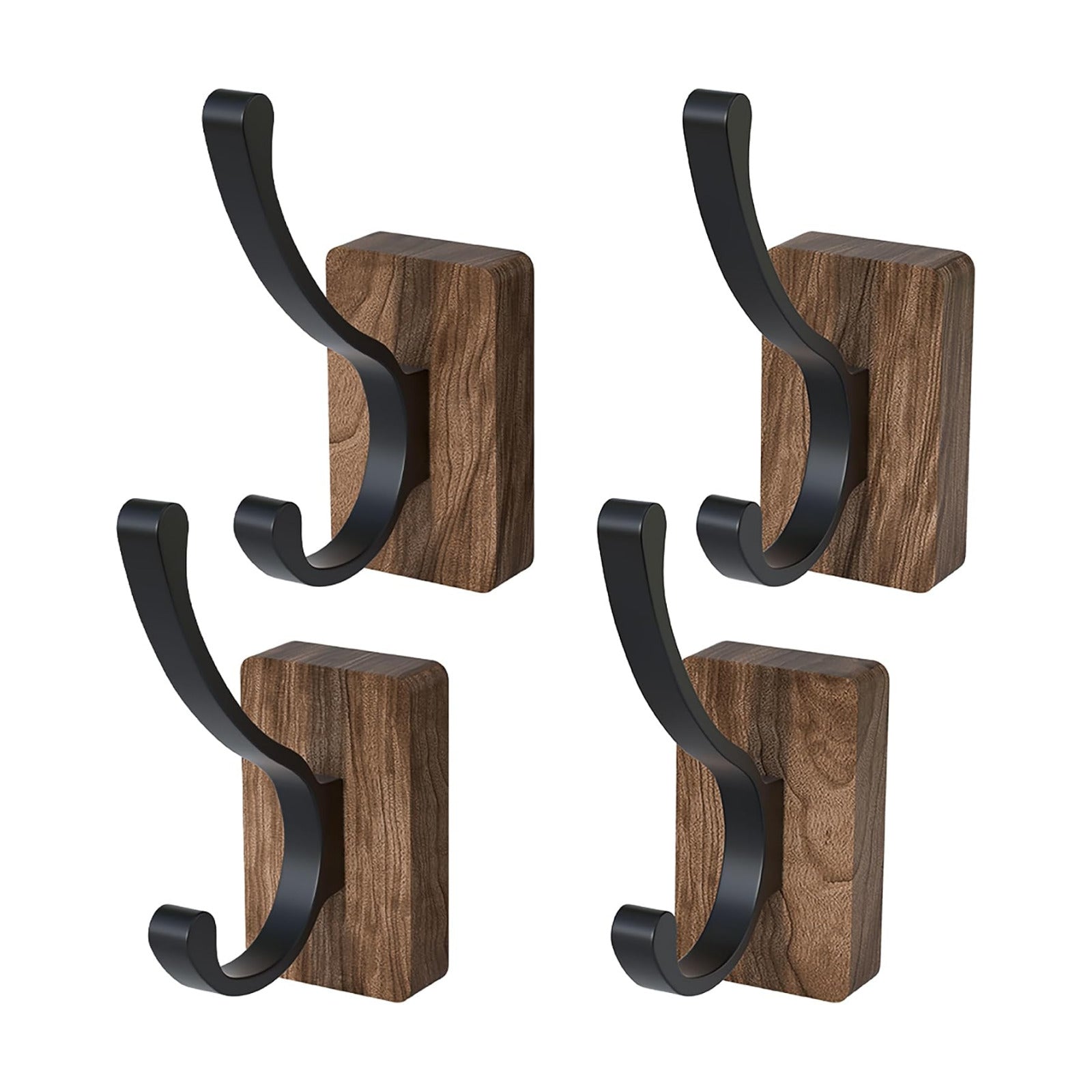 Walnut Wood Wall Hooks Adhesive Mounted & Wall Mounted / Hooks-double Hooks / Black / Set of 4