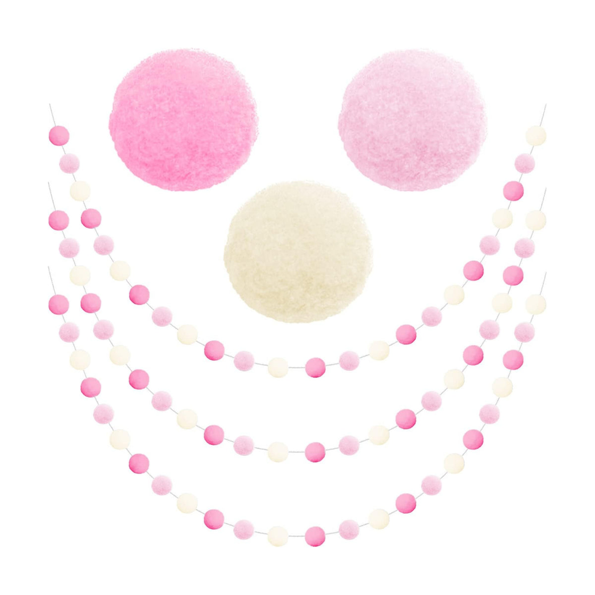 Jishi 3-Pack Pom Pom Garland Pink Felt Ball Ornament Garland Christmas Decorations, Cute Pompom Strings for Christmas Tree Decor, Xmas Holiday Party, Birthday Banner - 6.6 Feet Long, 24 Balls 25mm