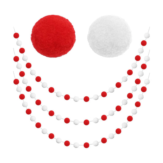 Jishi 3-Pack Pom Pom Garland Red and White Felt Ball Ornament Garland Christmas Decorations, Cute Pompom Strings for Christmas Tree Decor, Xmas Holiday Party, Birthday Banner - 6.6 Feet Long, 24 Balls