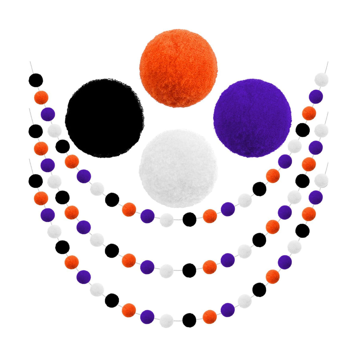 Halloween Pom Pom Garland Halloween Decorations 3pk Orange Purple Black White Felt Ball Garland Cute Hanging Decor for Room Home Office Classroom Wall, Fall Wedding Birthday Party Decorations Supplies