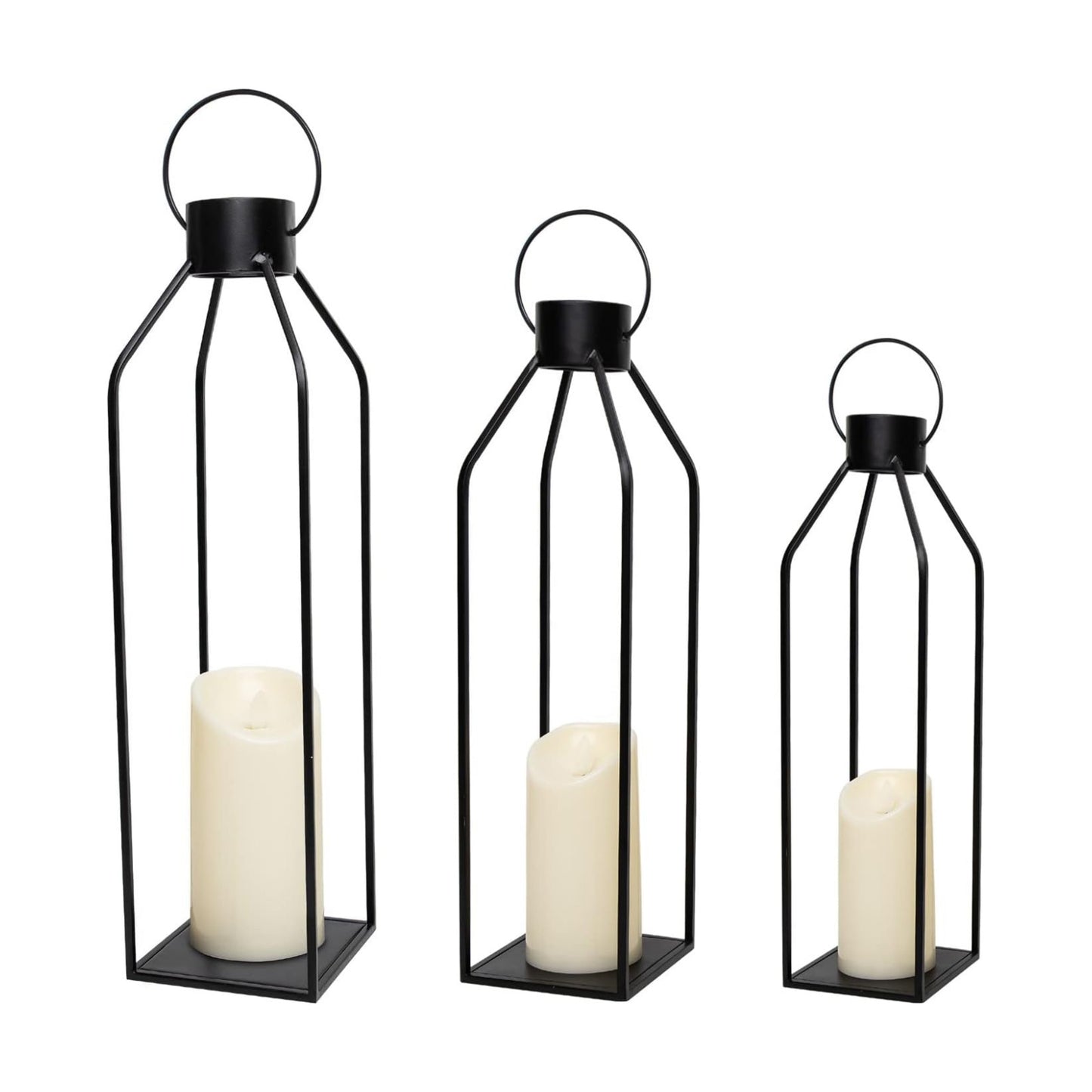 HPC Decor 22'' 19'' 16'' Lanterns Decorative w/Flickering Timer Candles- Tall Large Black Metal Candle Lanterns Set of