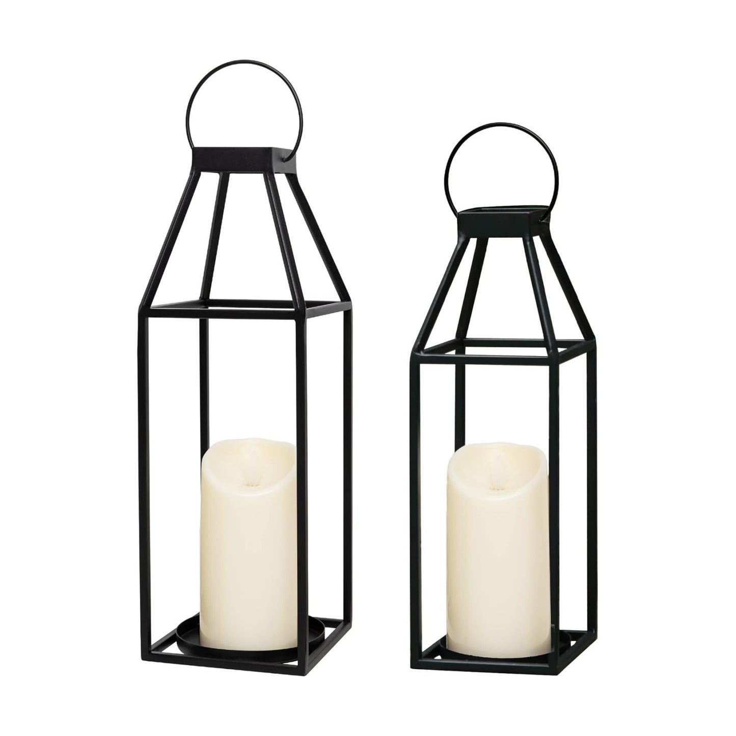 HPC Decor Black Metal Candle Lanterns Set of 2- Lanterns Decorative with Flickering Timer Candles- 17.4'' & 15'' Rustic
