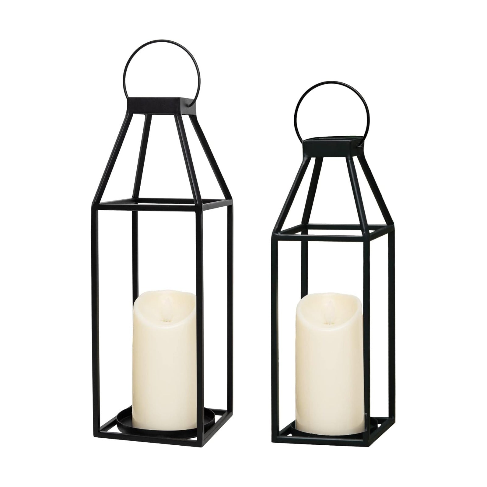 HPC Decor Black Metal Candle Lanterns Set of 2- Lanterns Decorative with Flickering Timer Candles- 17.4'' & 15'' Rustic