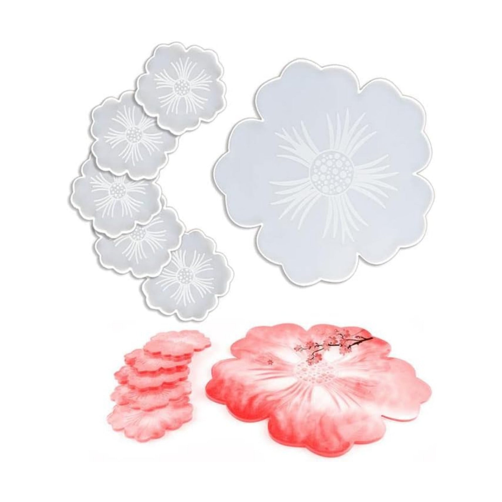 Silicone Coaster Mold Set 1 Big and 5 Small Cherry Blossom DIY / 6-cherry Blossom Shape / Set of 6