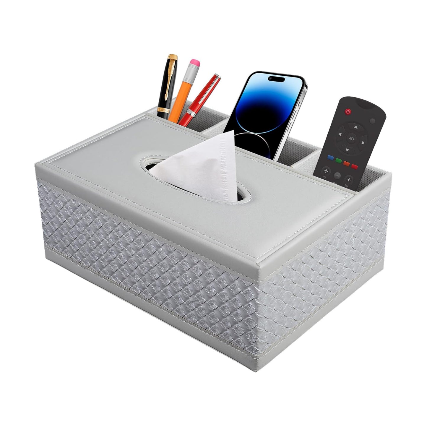 Tissue Box Cover Rectangle White Kleenex Box Holder PU Leather Facial Tissue Organizer,Multifunctional Remote Control
