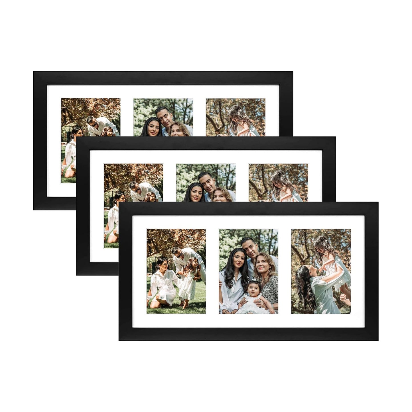 Golden State Art 9x18 Black Wood Frame - for Three 5x7 Pictures, 3 Pack | Matted to 3 5x7 Picture,Solid Wood Collage
