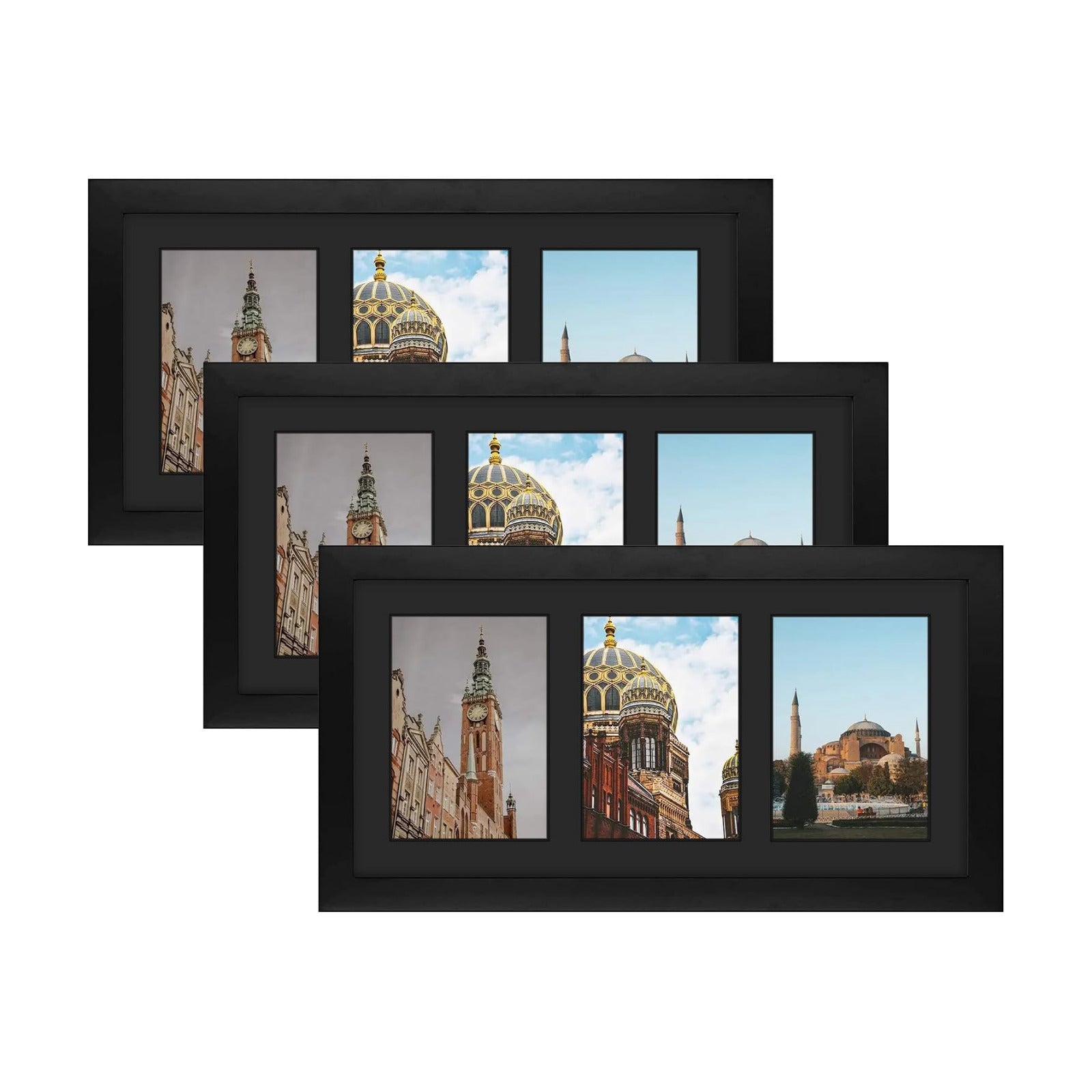 Golden State Art 9x18 Black Wood Frame - for Three 5x7 Pictures, 3 Pack | Black Mat,Matted to 3 5x7 Picture,Solid Wood