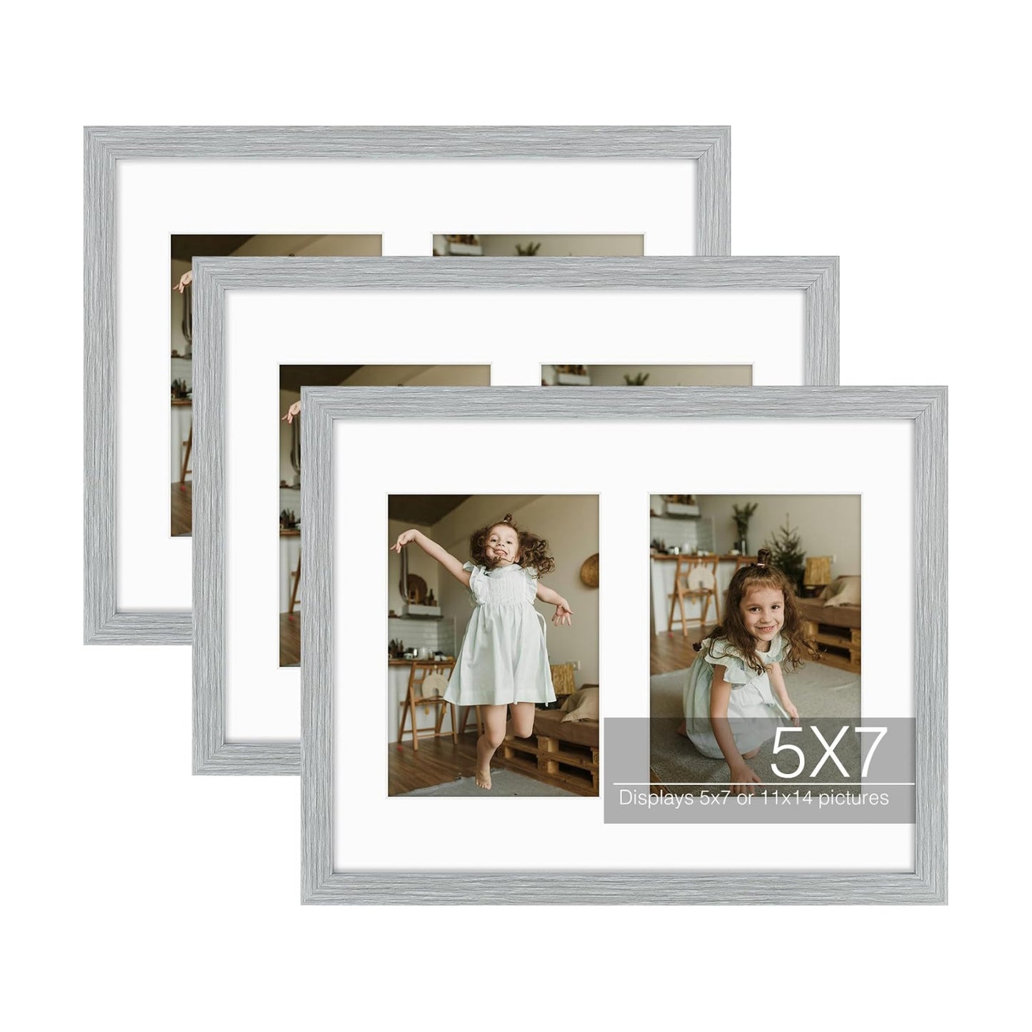 Golden State Art 11x14 Grey Wood Frame - for Two 5x7 Pictures,3 Pack | Matted to Double 5x7 Picture,Solid Wood Collage