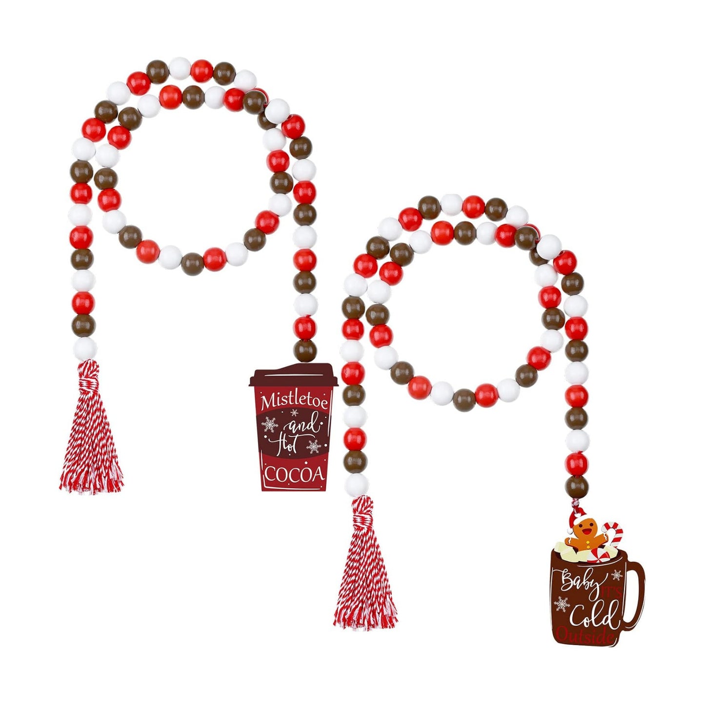 Christmas Wood Bead Garland Christmas Hot Cocoa Tiered Tray Decor Farmhouse Wall Hanging / Set of 2