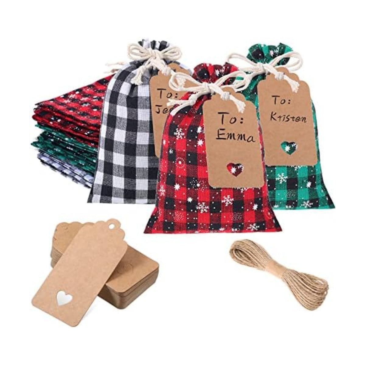 Shappy 24 Pcs Christmas Drawstring Gift Bags Xmas Buffalo Plaid Burlap Advent Bags 7 x 5 Inches Linen Treat Candy Bag with 32.8 ft Rope 24 Card(Assorted Color)